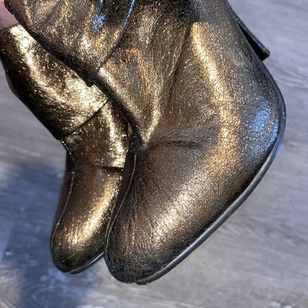 VINTAGE Y2K WET SEAL‎ METALLIC GOLD BOW HEEL SLIP-ON ANKLE BOOTIES SIZE 7.5